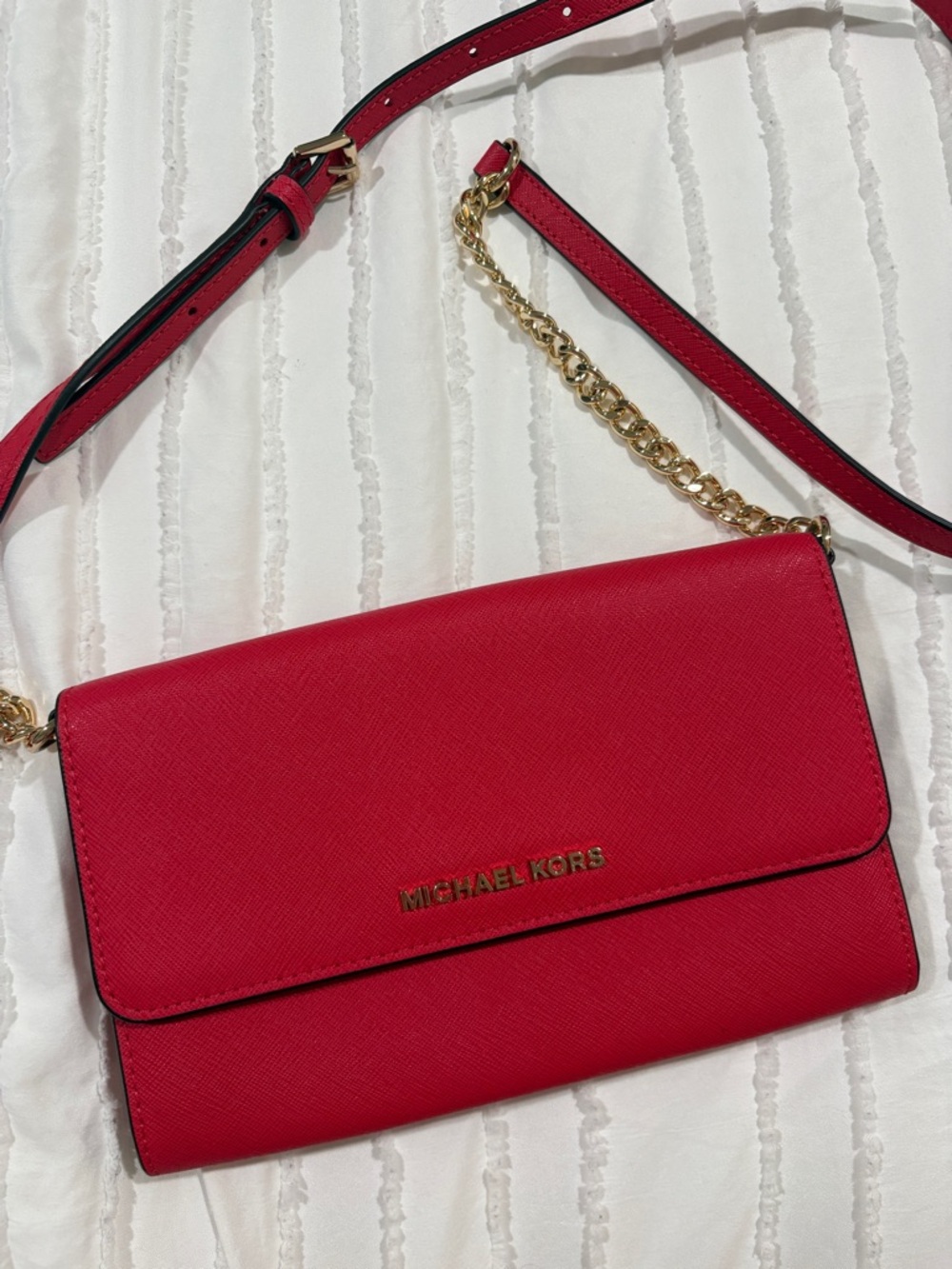 Michael Kors Watermelon Pink Saffiano Leather Crossbody Bag with card slots